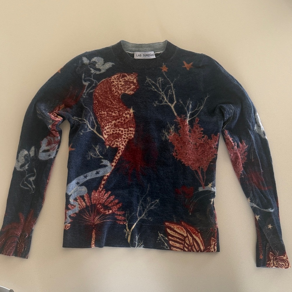 La Semaine Navy and Red Animal Print Sweater 100% wool